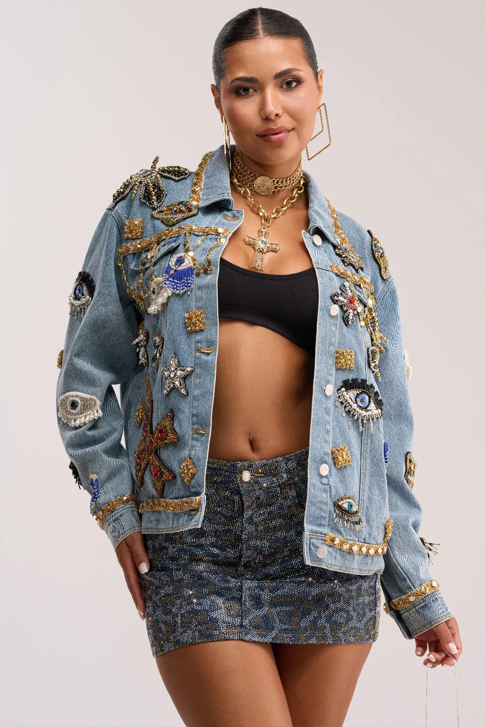 IN PLAIN SIGHT EMBELLISHED DENIM JACKET