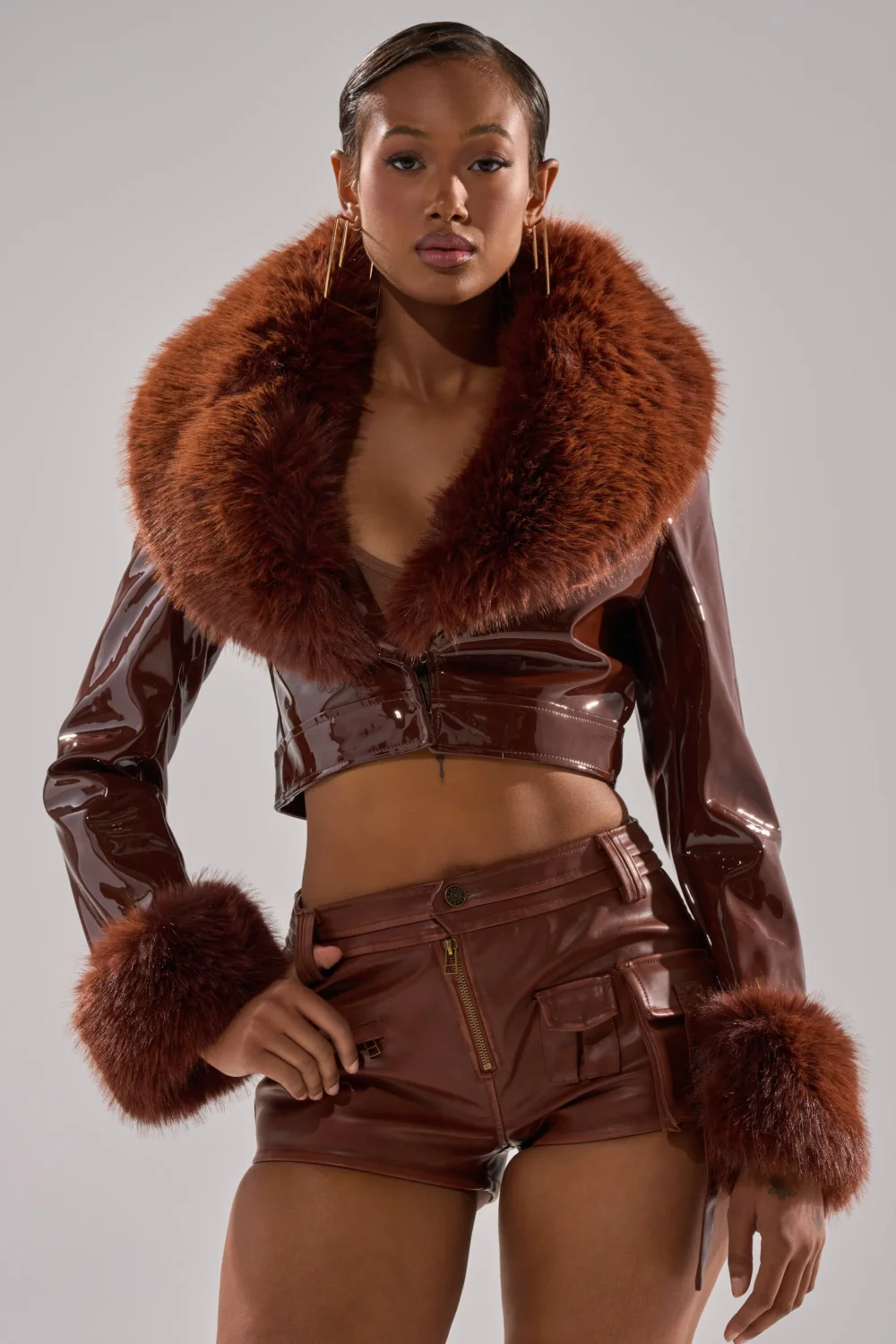 GISELE FUR TRIM MOTO IN PATENT - 3