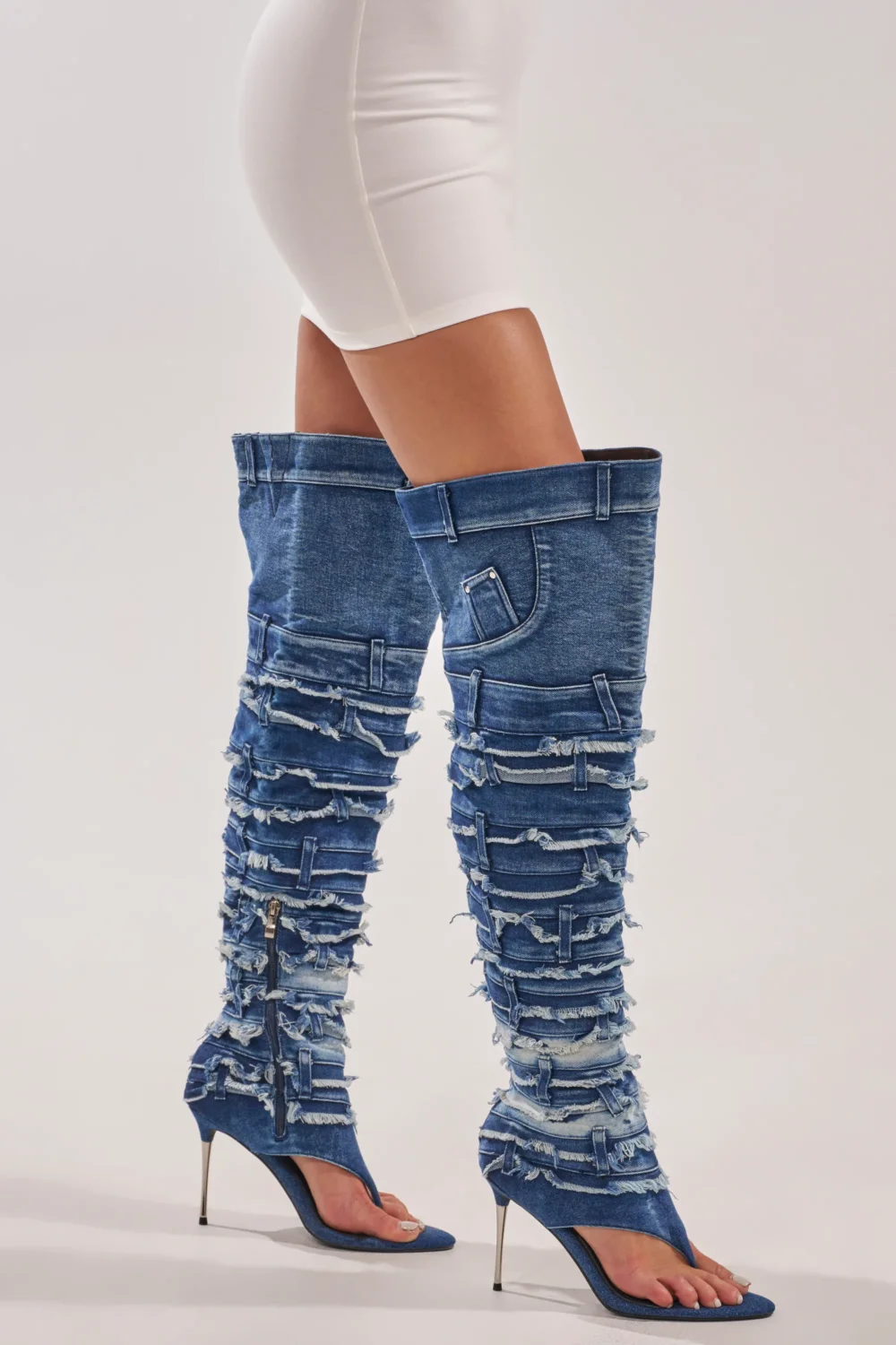 AZALEA WANG SENA DENIM STILETTO OPEN TOE BOOT