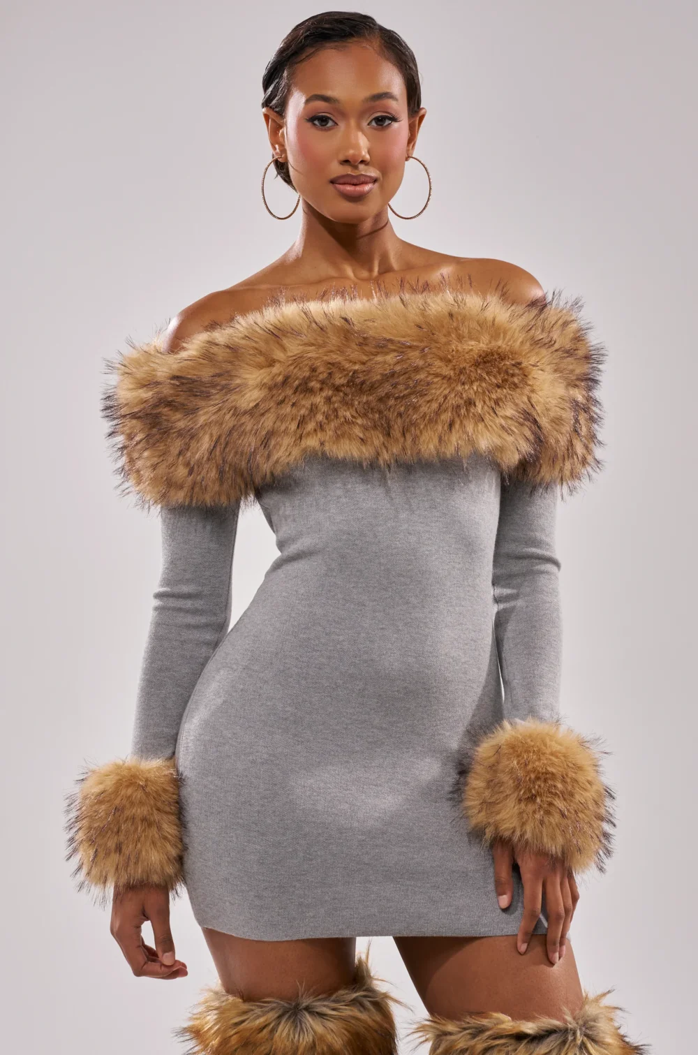 COMFY COZY FUR TRIM MINI DRESS IN GREY