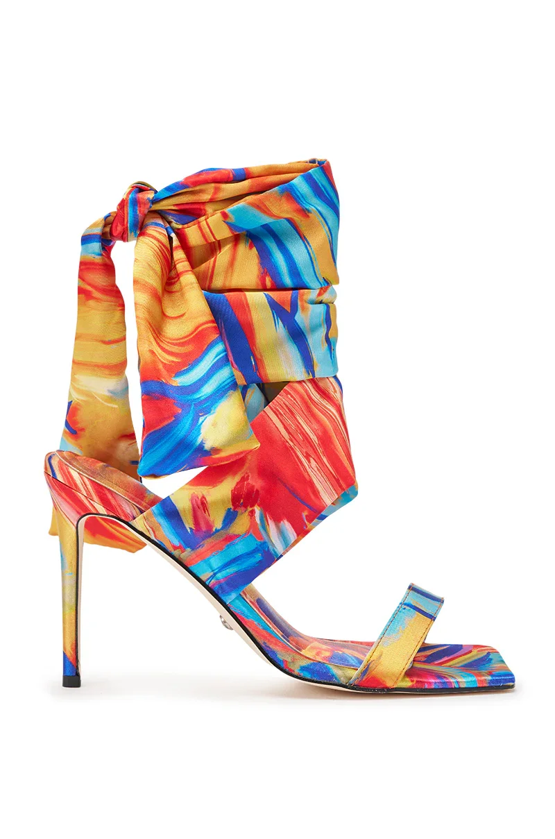 AZALEA WANG JOHA ORANGE MULTI PRINTED SATIN WRAP UP STILETTO - 4