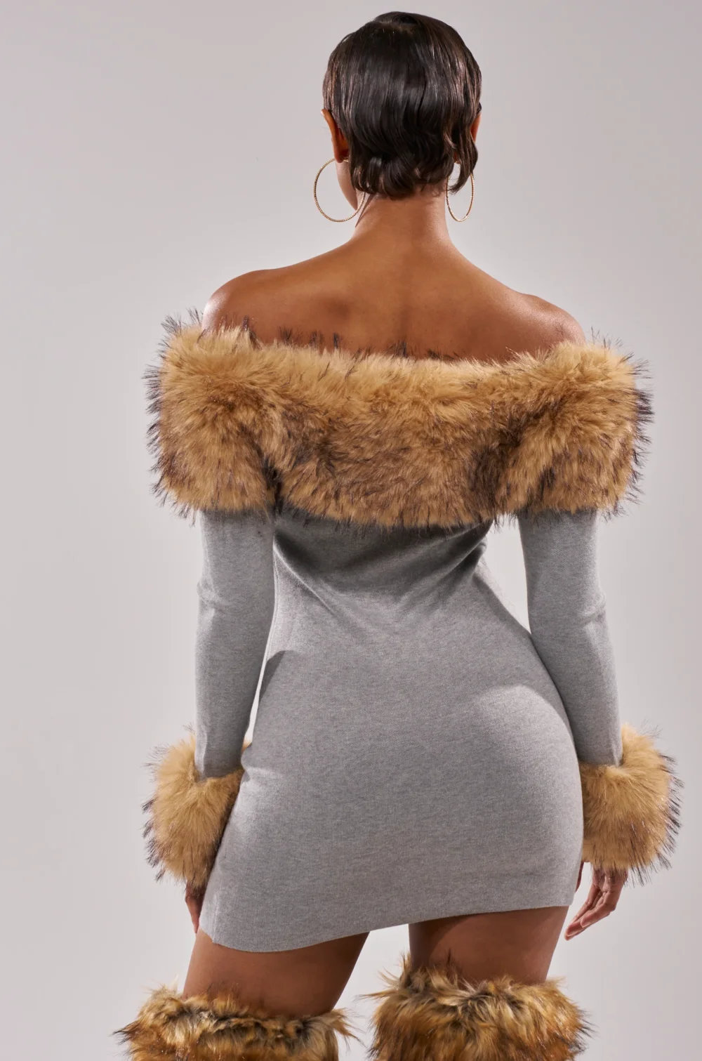 COMFY COZY FUR TRIM MINI DRESS IN GREY - 3