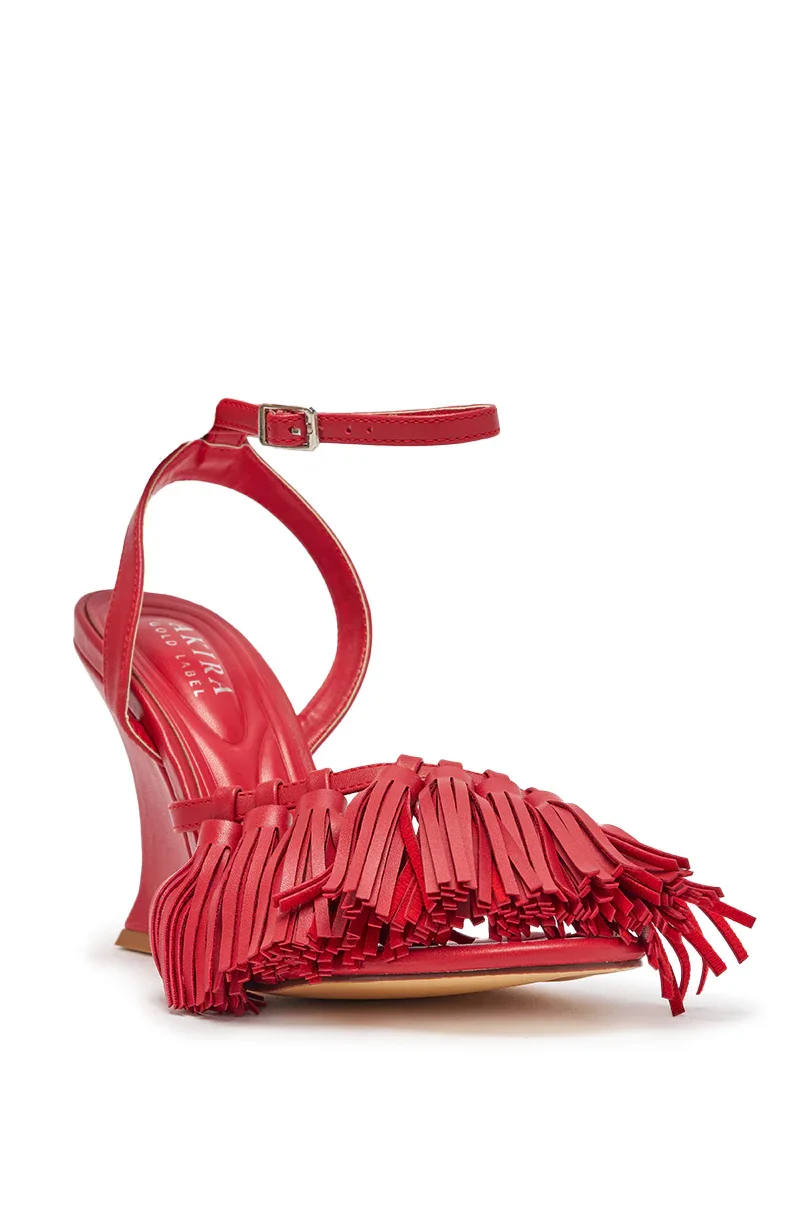 AZALEA WANG PHRIXOS RED WEDGE FRINGE PU SANDAL - 5