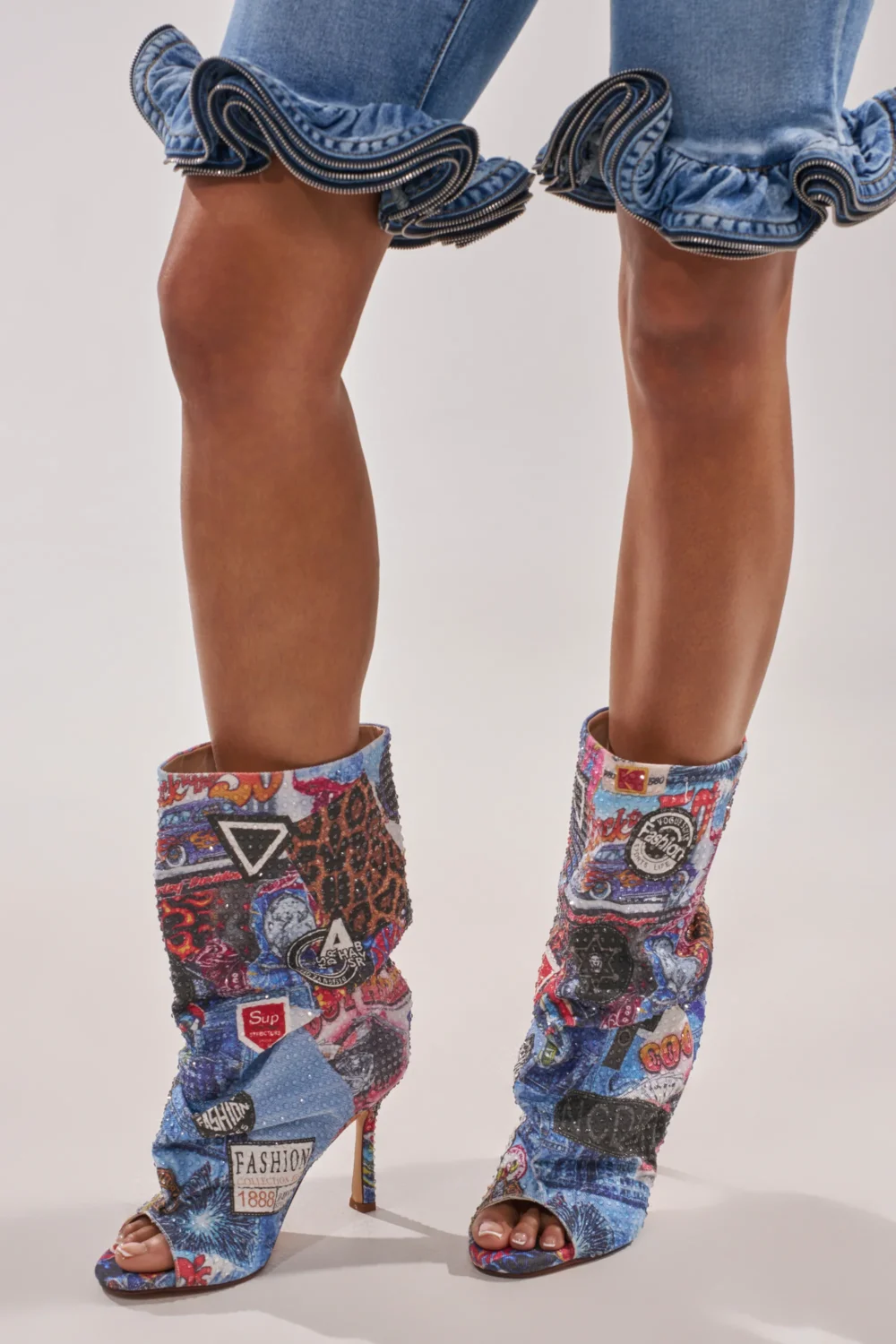 AZALEA WANG JONICE BLUE MULTI RHINESTONE OPEN TOE BOOTIE