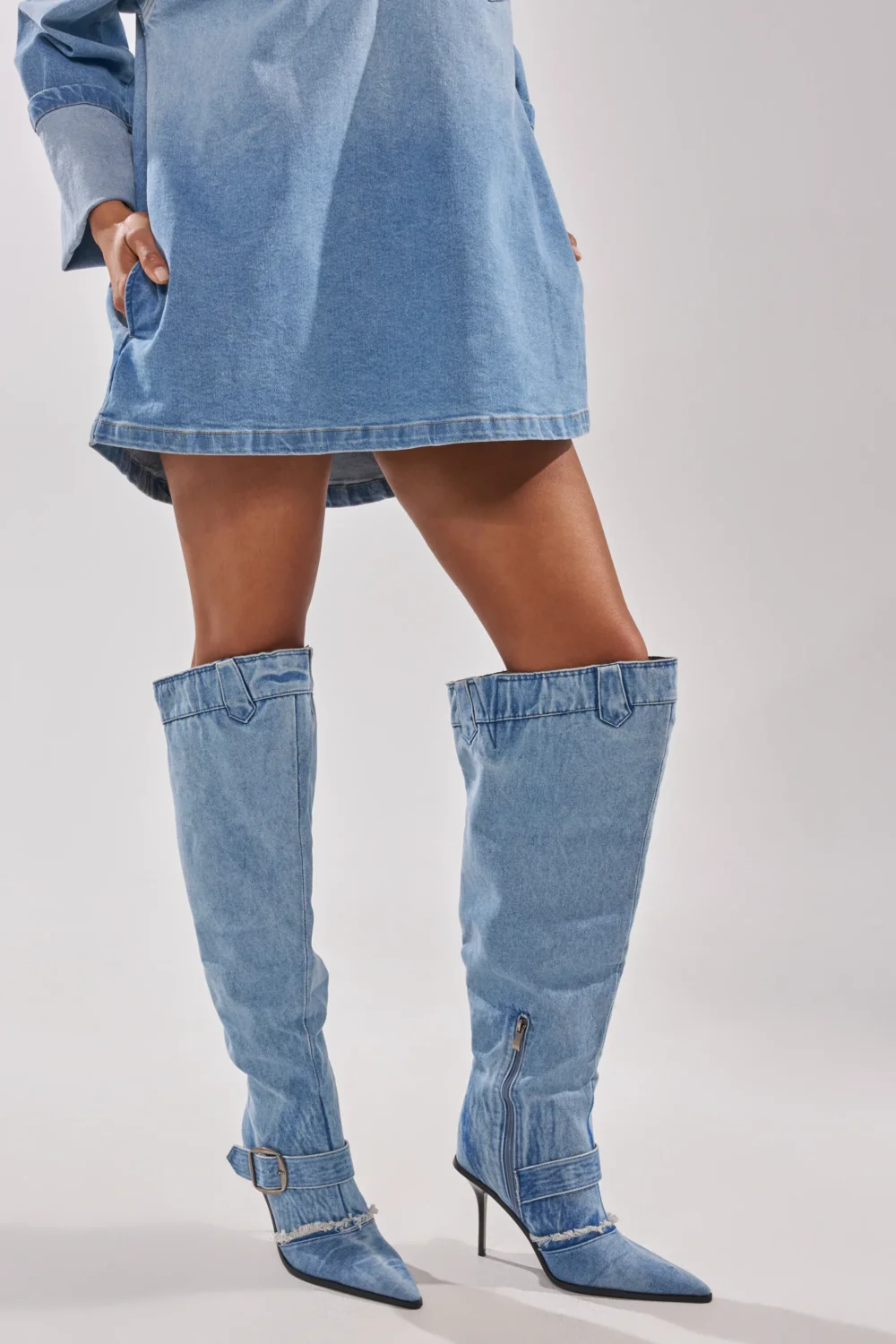 AKIRA GOLD DURANGO DENIM STILETTO PANT LOOK BOOT