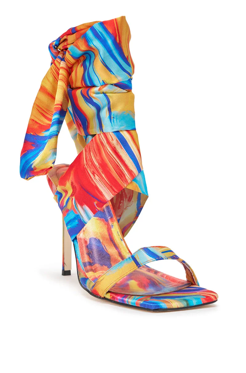 AZALEA WANG JOHA ORANGE MULTI PRINTED SATIN WRAP UP STILETTO - 5