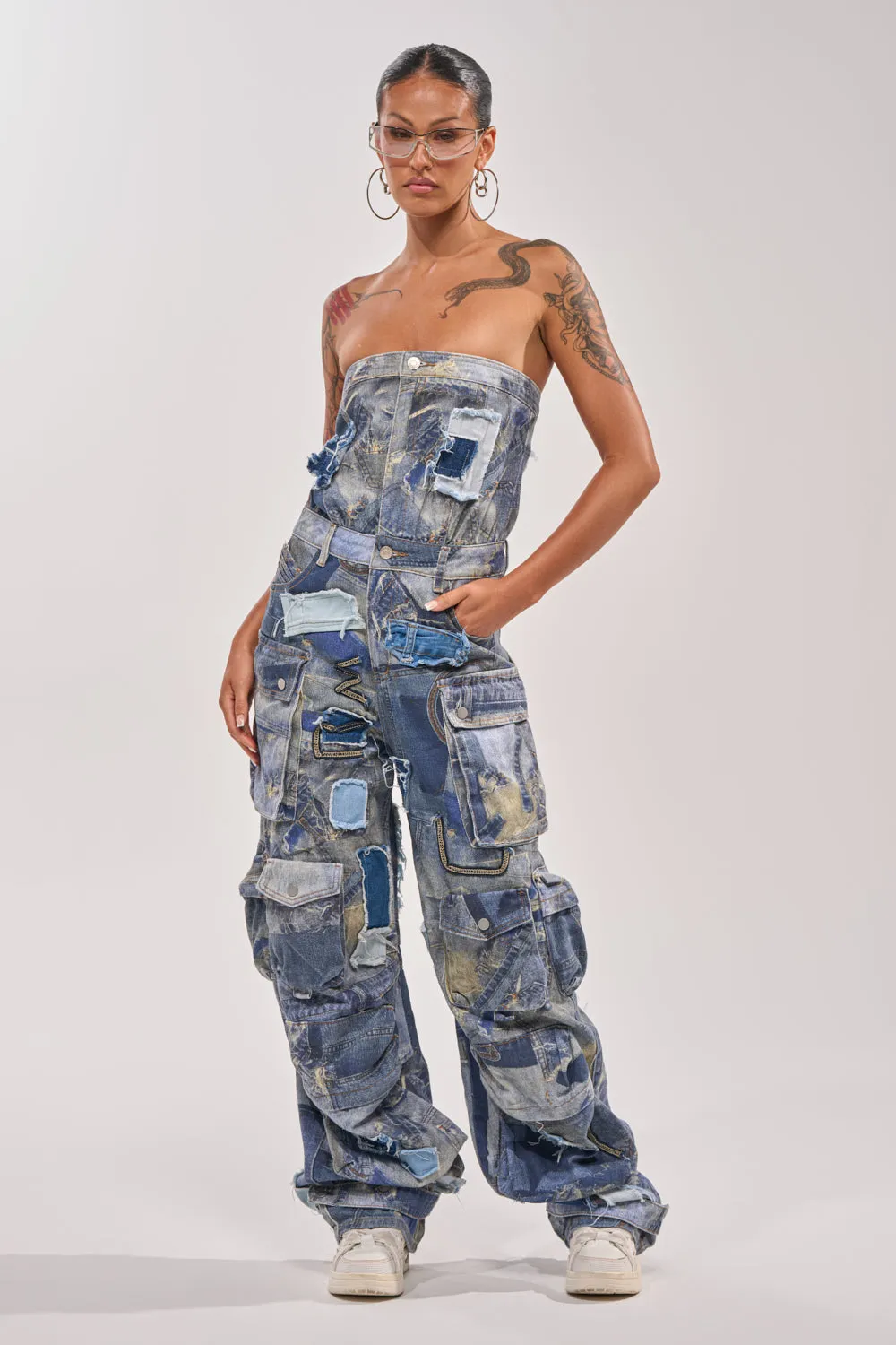 PATCHWORK DENIM ON DENIM JUMPSUIT