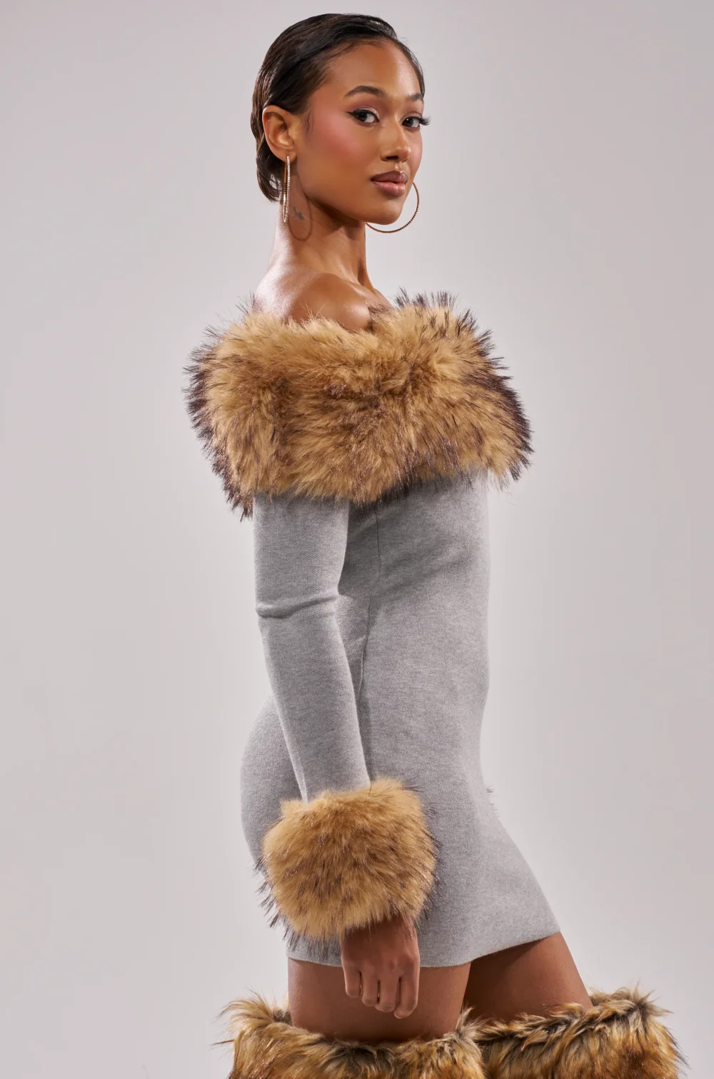 COMFY COZY FUR TRIM MINI DRESS IN GREY - 2