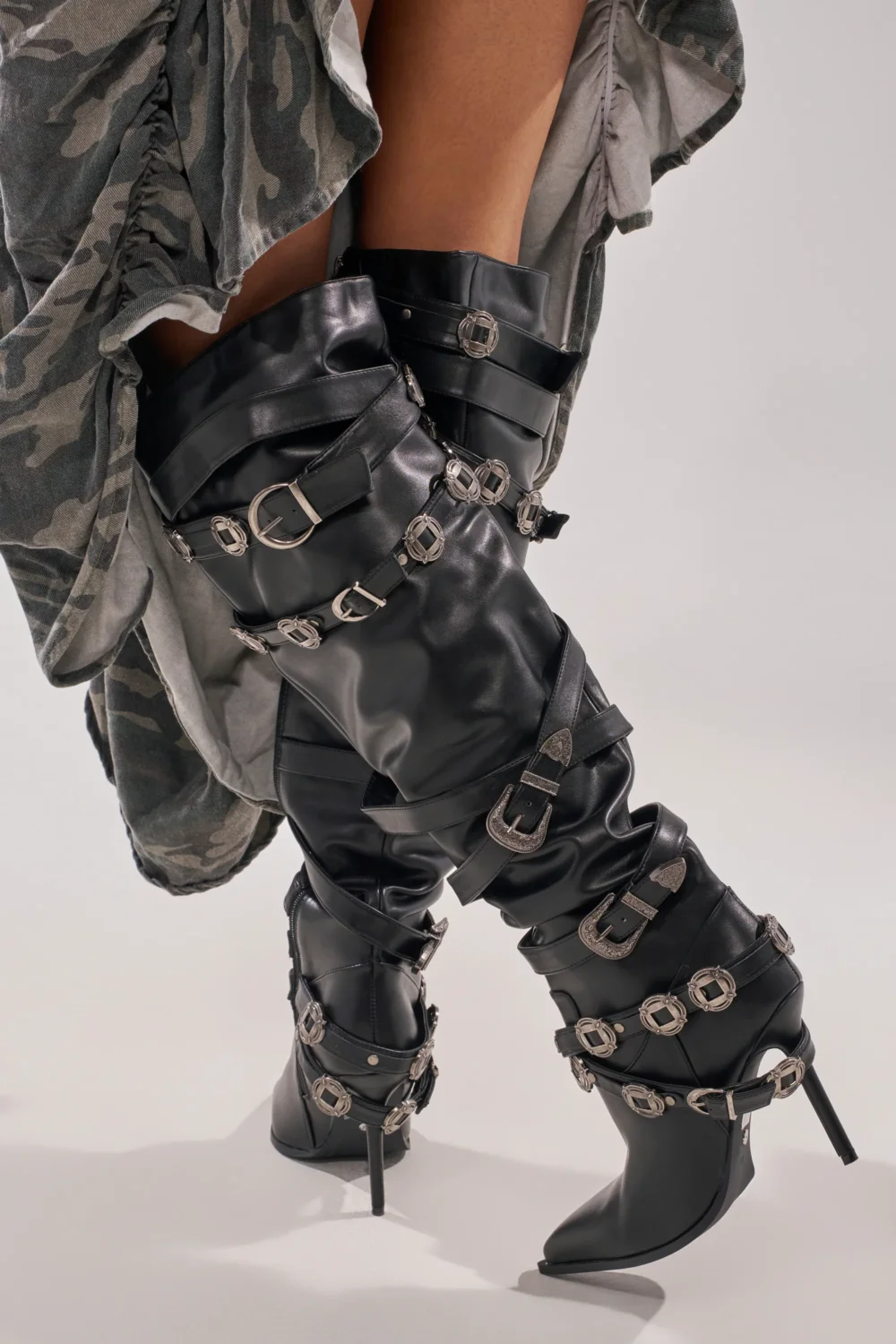 AKIRA GOLD XERXES BLACK STILETTO METAL EMBELLISHED BOOT