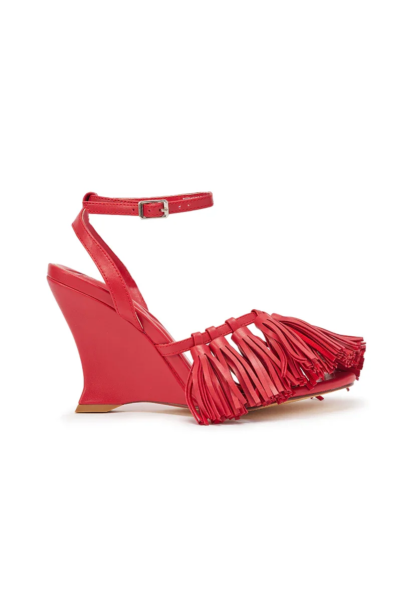 AZALEA WANG PHRIXOS RED WEDGE FRINGE PU SANDAL - 4