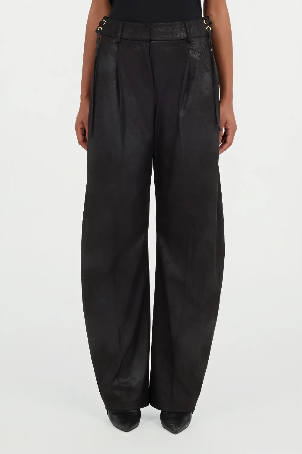 Black Wide-Leg Trousers With Tie Details