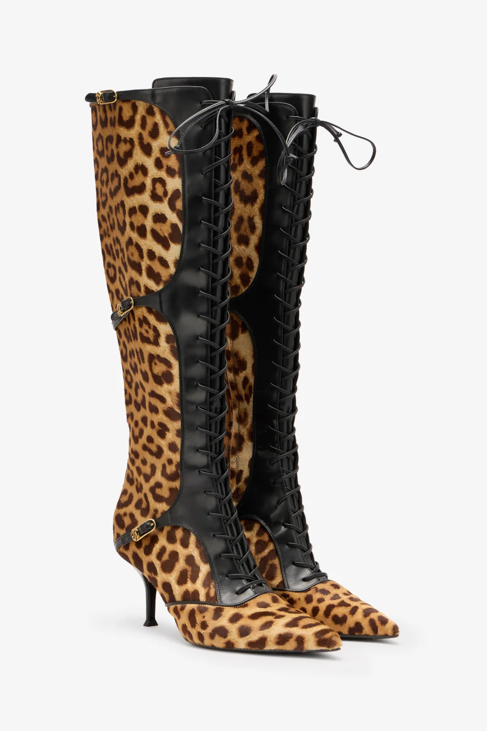 Pointed Lace-Up Boots With Leopard Skin