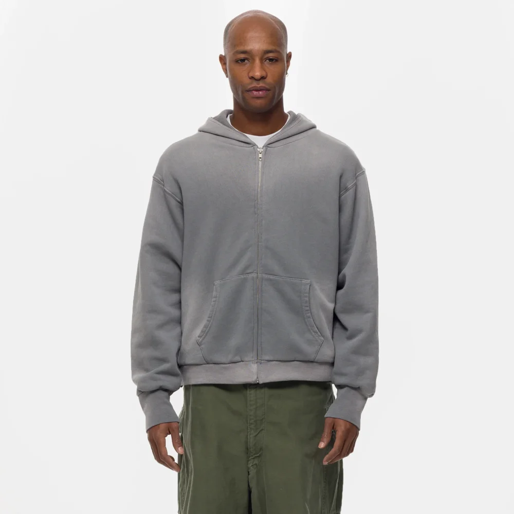 Washed Thermal Lined Zip Up Hoodie in Steel Grey
