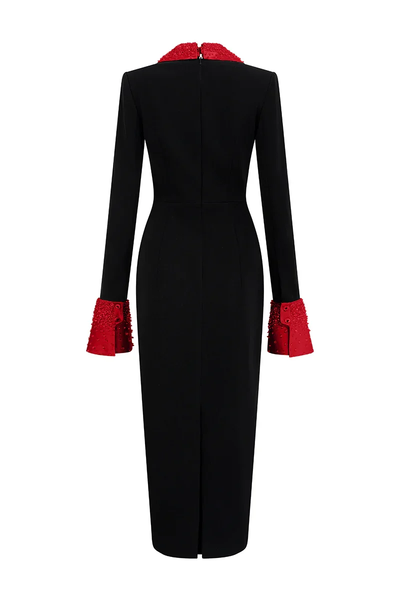 V-NECK FLARED CUFF KNEE LENGTH DRESS IN BLACK AND RED - 4