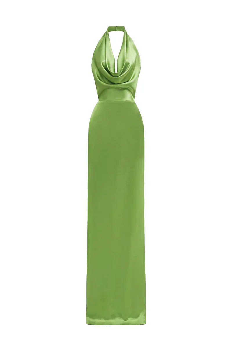 GREEN SATIN SILK HALTER DRESS WITH PLEATED DETAILING