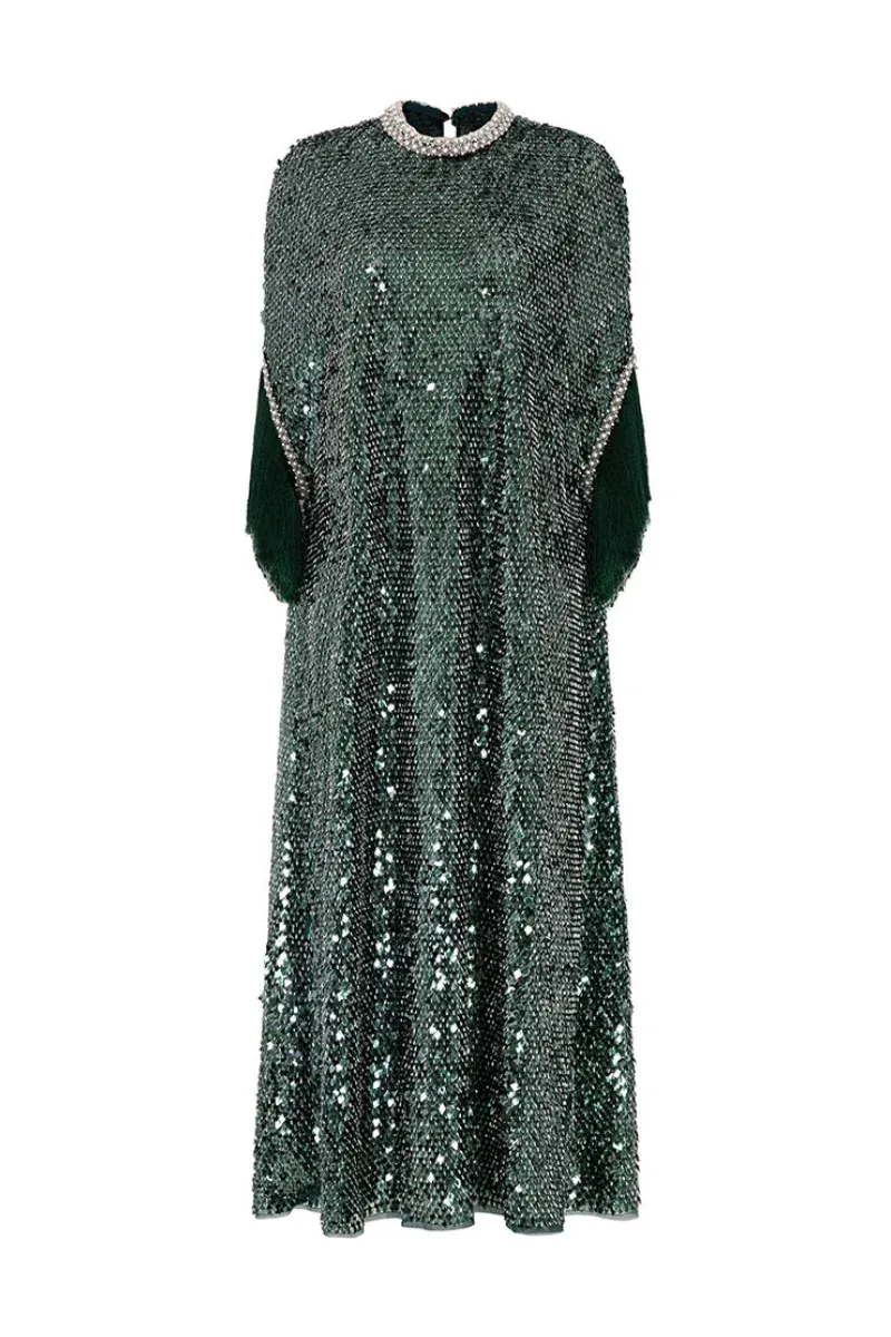 PEARL-TRIMMED SEQUIN MIDI DRESS IN GREEN