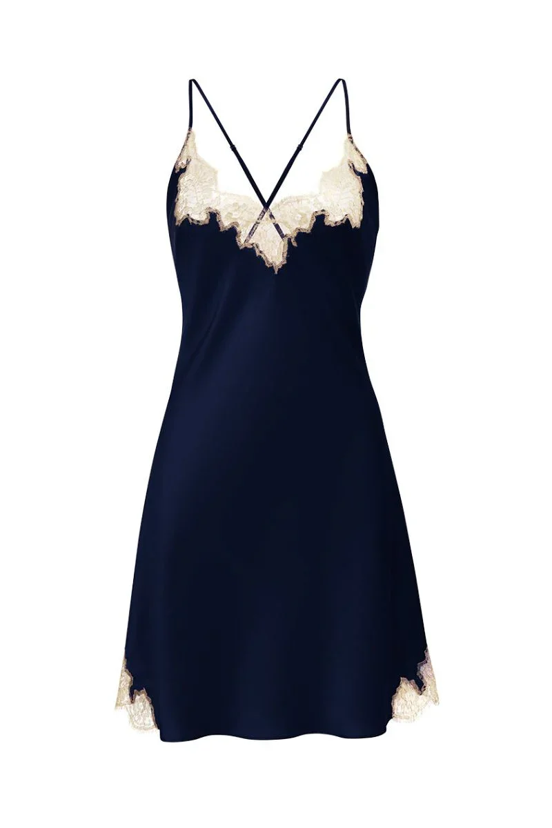LACE-TRIMMED SLIP DRESS IN BLUE