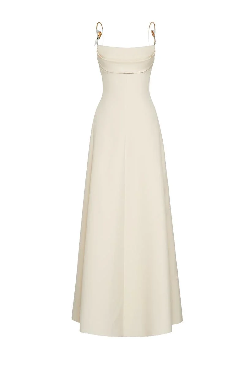 LIRIEN A-LINE COWL NECK CREPE FLOOR LENGTH DRESS