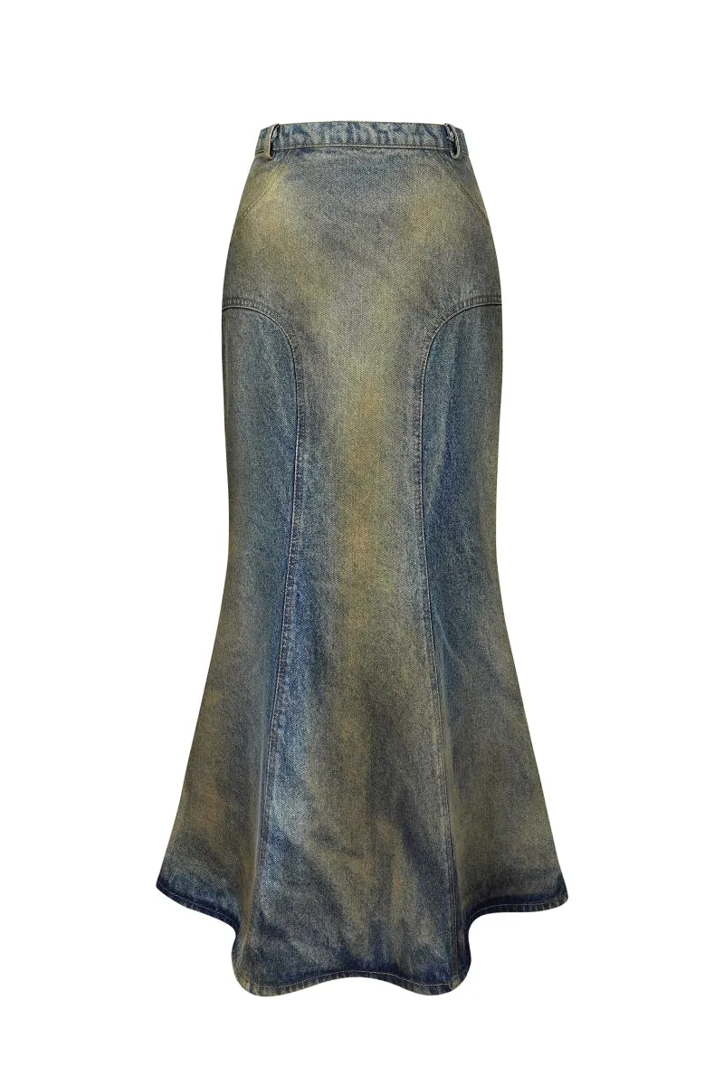 DENIM MIDI SKIRT IN RUSTY DENIM