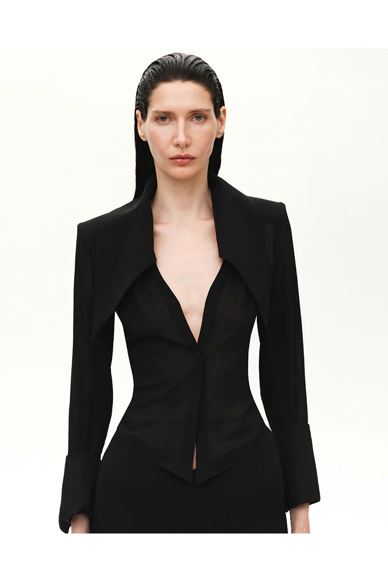 SHEER LOUNGE SHIRT WITH OVERSIZED COLLAR IN BLACK - 4