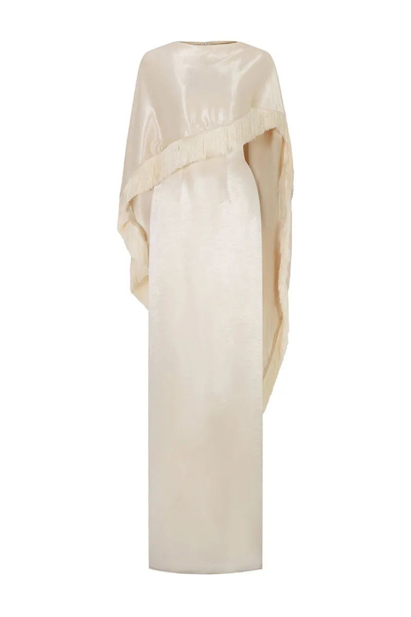 COLUMN GOWN WITH FRINGED TRIM CAPE IN CREAM