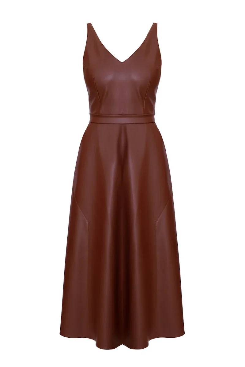 MALOU VEGAN LEATHER MIDI DRESS IN CHOCOLATE