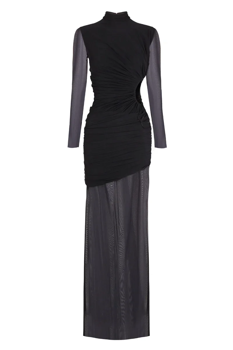 LONG DRESS WITH RUFFLES IN SILK KNIT AND LYCRA TULLE