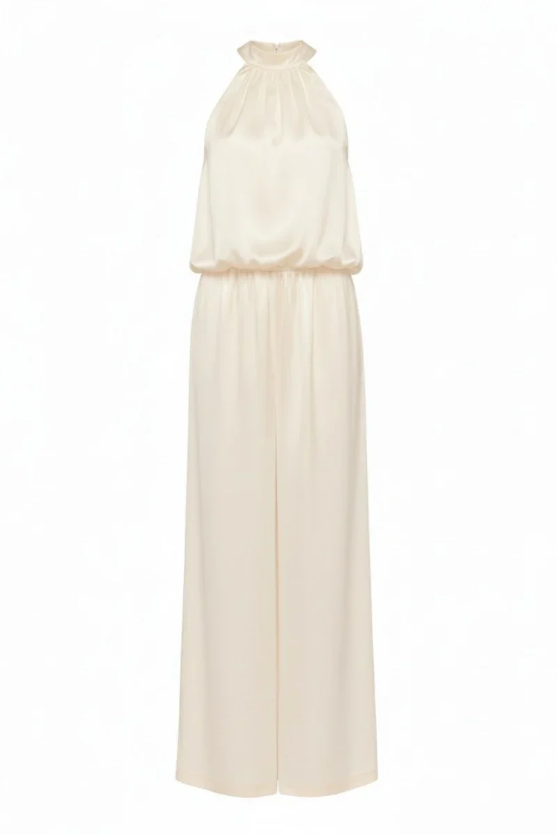 PALERMO BUTTER-CREAM SILK-SATIN HALTER JUMPSUIT