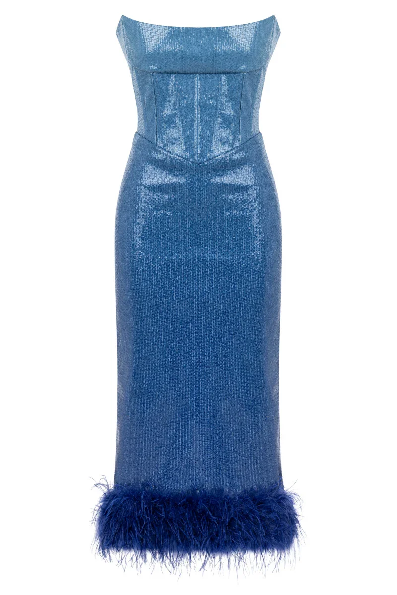 BLUE GRATIENT SEQUINED MIDI CORSET DRESS