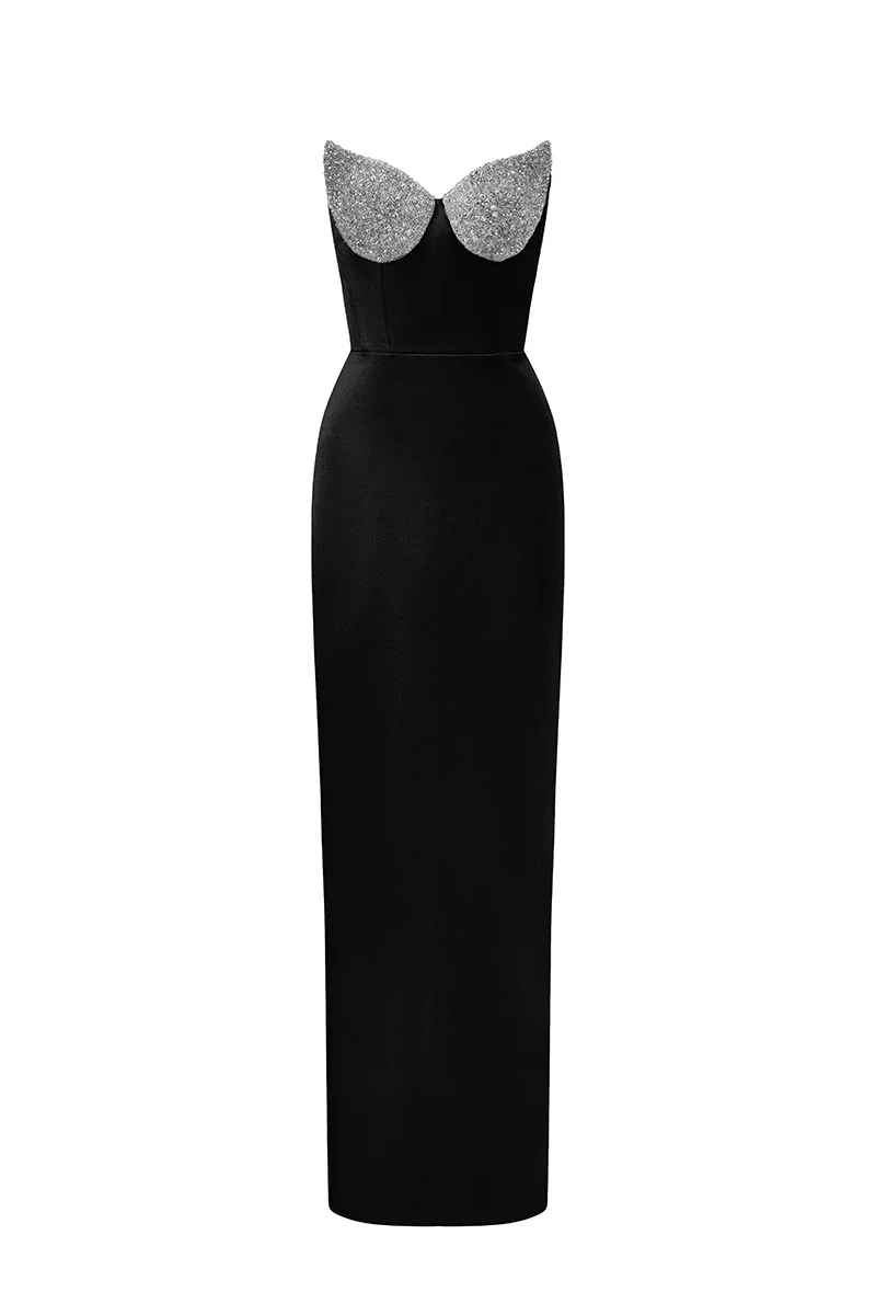 LOTUS TAFFETA BUSTIER COLUMN DRESS IN BLACK