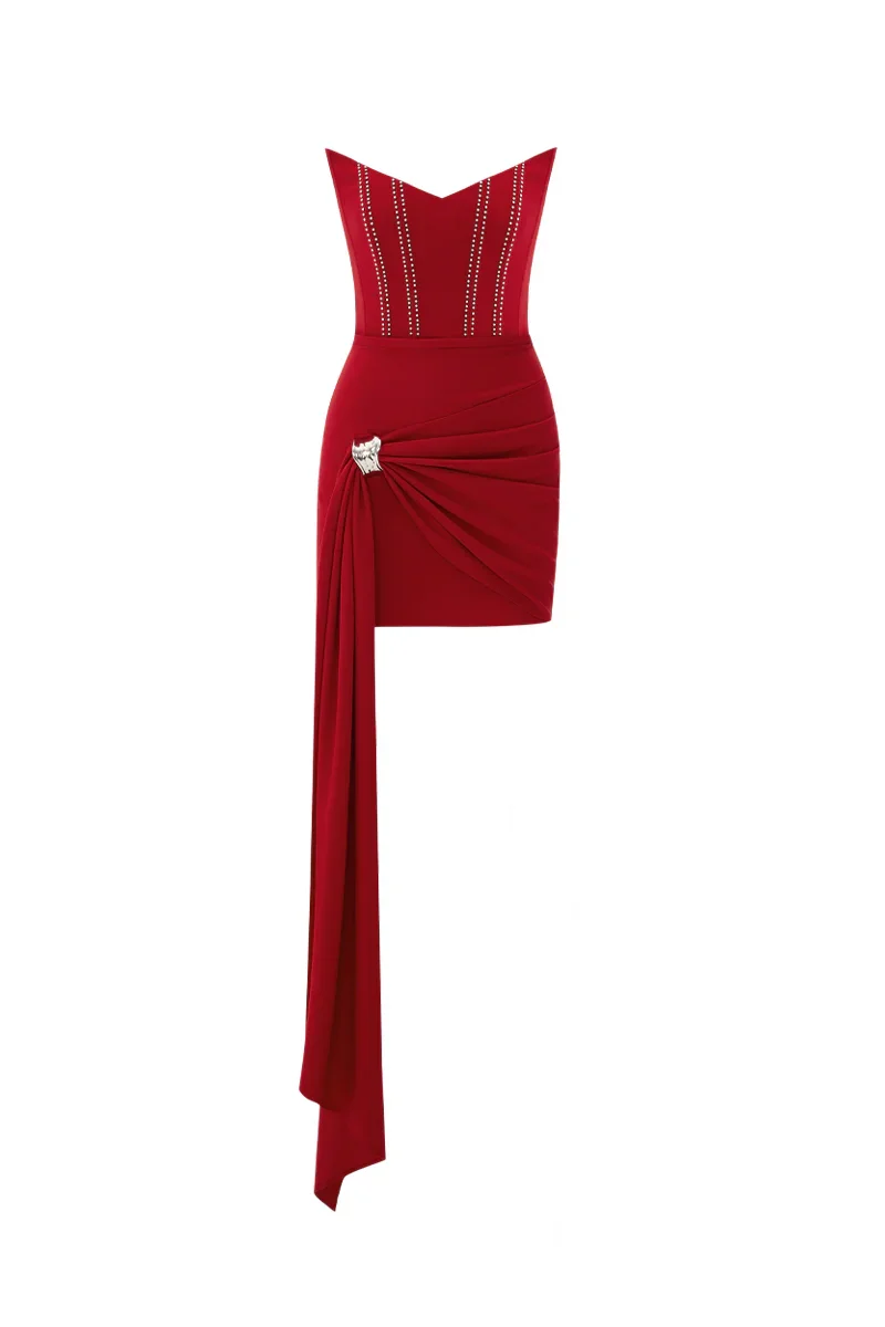 CORSET DETAILED STRAPLESS MINI DRESS IN RED