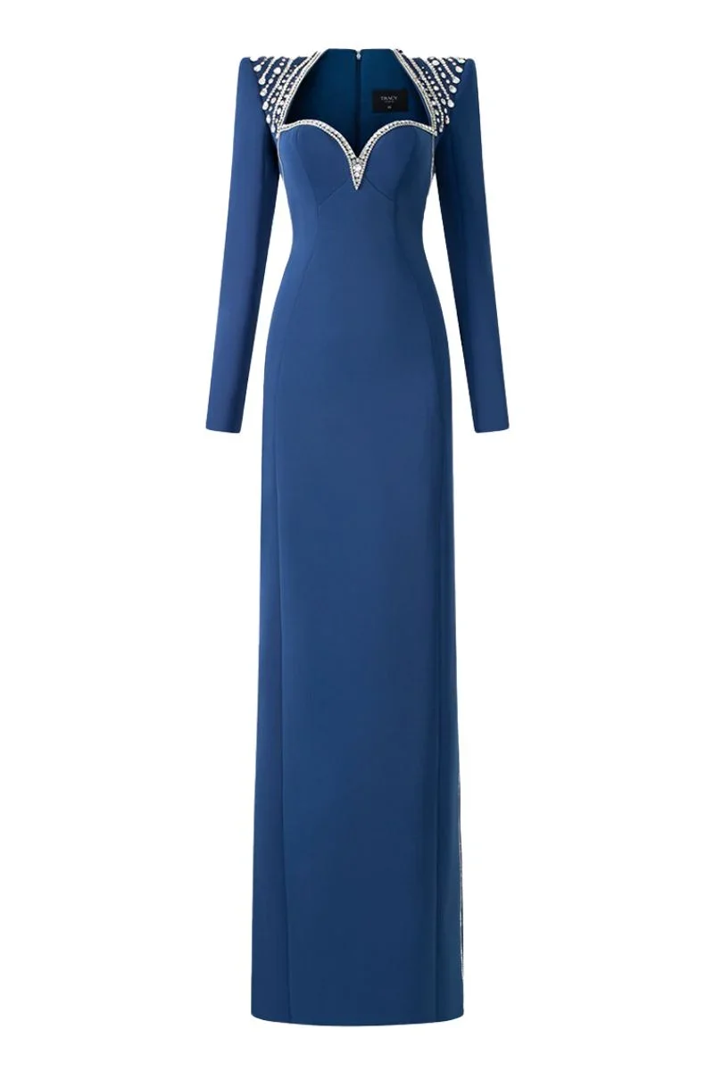 DARK BLUE LONG SLEEVE CHEST CUP STRAIGHT GOWN