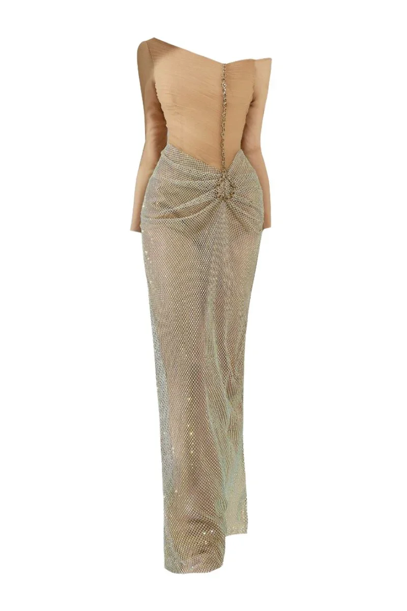SKYLA BROWN ORGANZA BODYCON MAXI DRESS