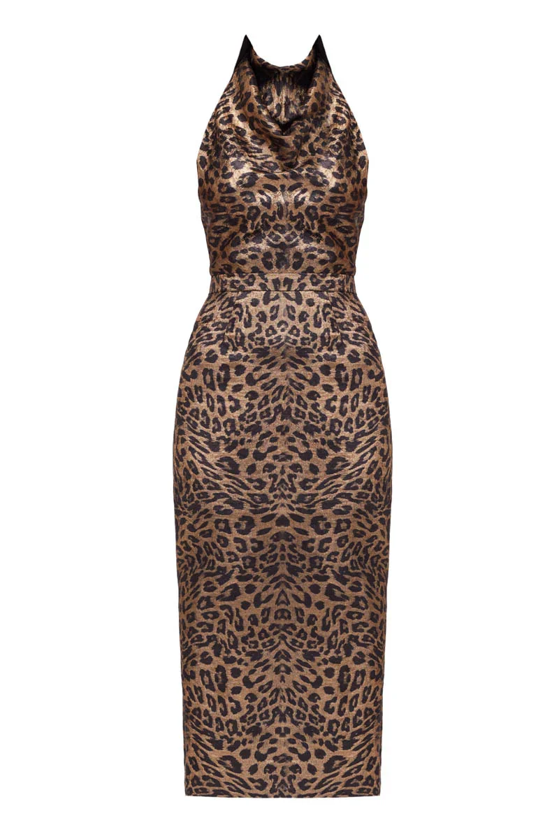 LARA METALLIC ANIMAL PRINT MIDI COWL NECK DRESS