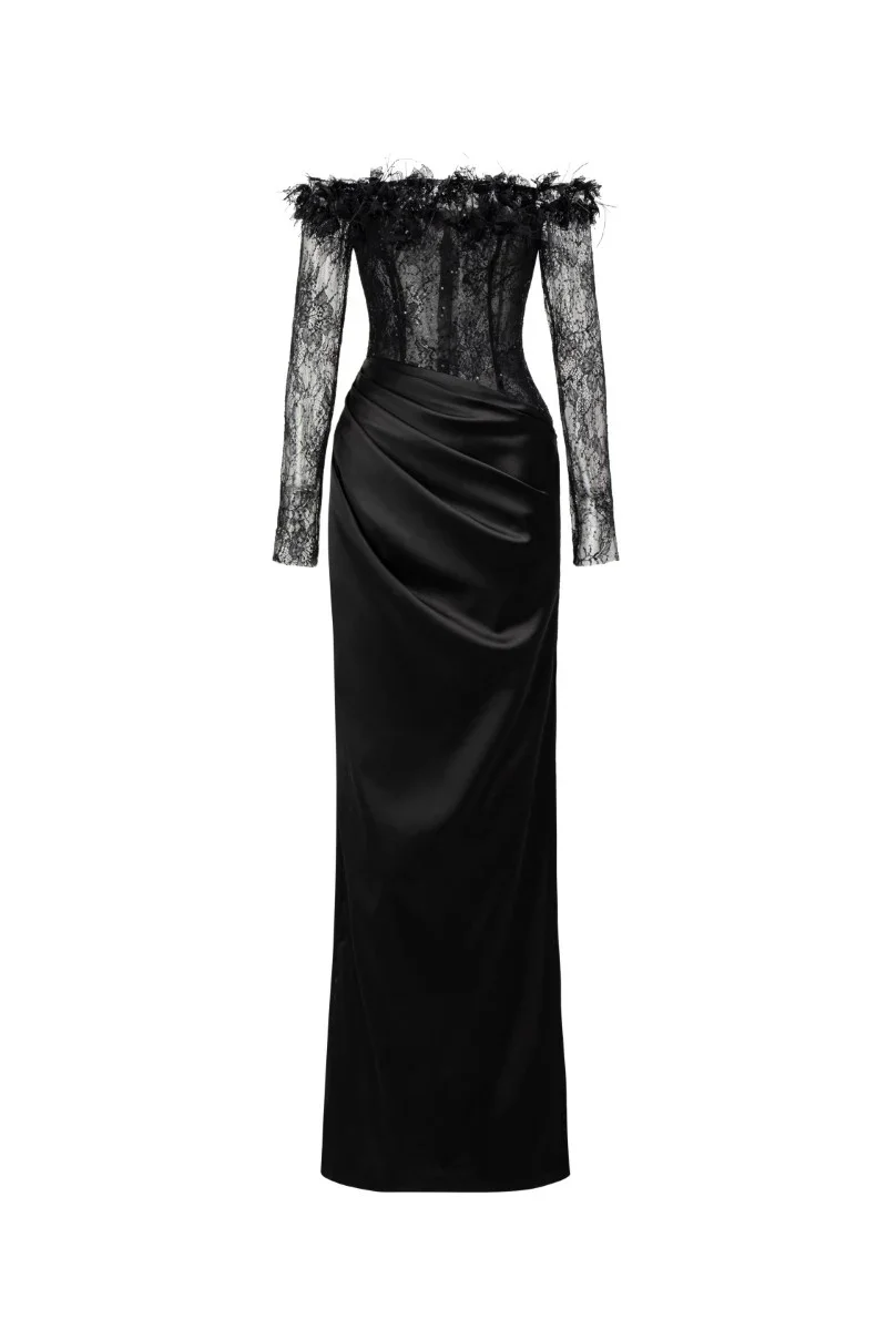 NAMLA LACE AND SILK SATIN DRESS IN BLACK