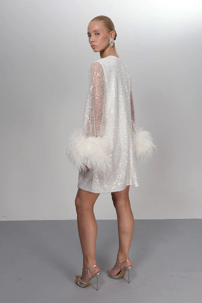 ENCHANTED OMBRE SILVER TO WHITE DRESS WITH FEATHER SLEEVES - 3