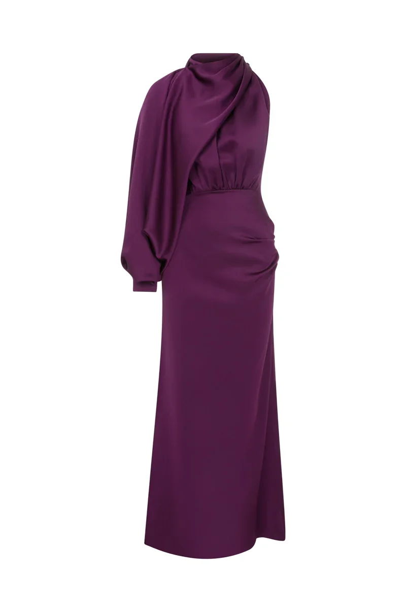 PURPLE ASYMMETRIC SATIN CREPE MIDI DRESS WITH DETATCHABLE CAPE