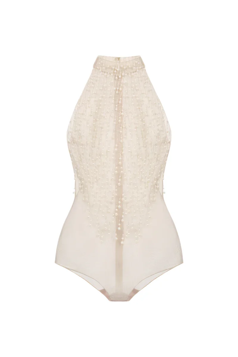 BEIGE FAUX PEARL SLEEVELESS TOP