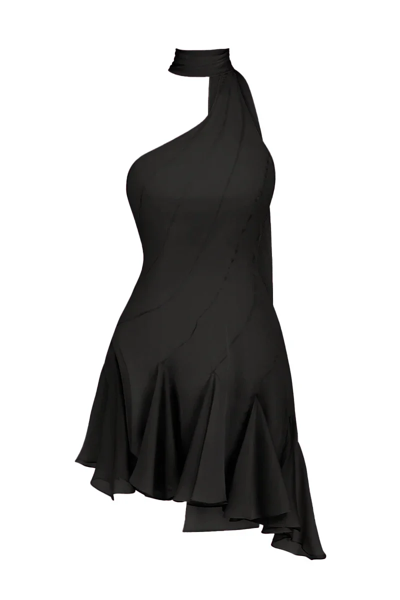 MS. GODET ASYMMETRIC BLACK MINI DRESS