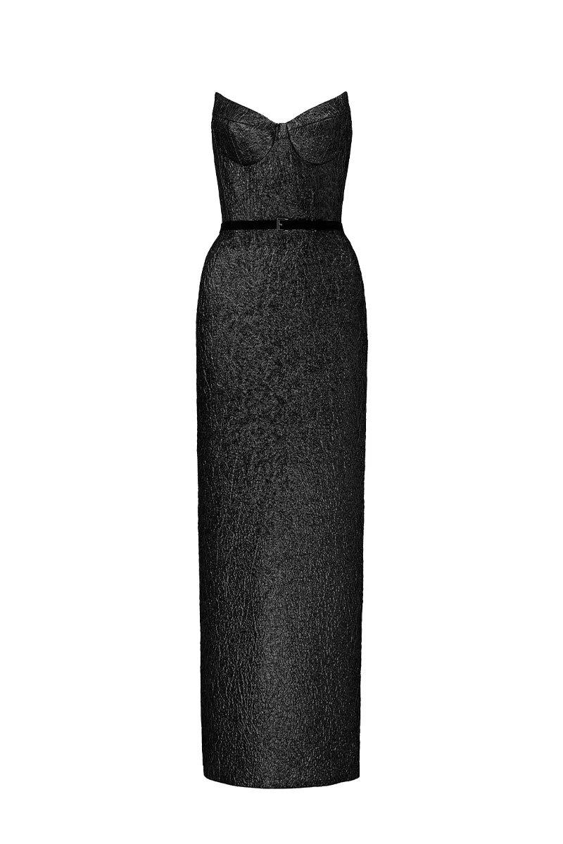 LOTUS JACQUARD COLUMN DRESS IN BLACK