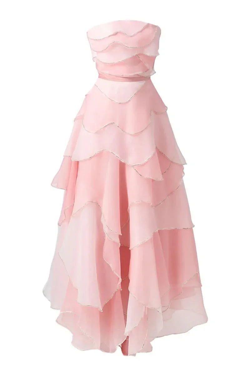 STRAPLESS PINK LAYERED MIDI DRESS