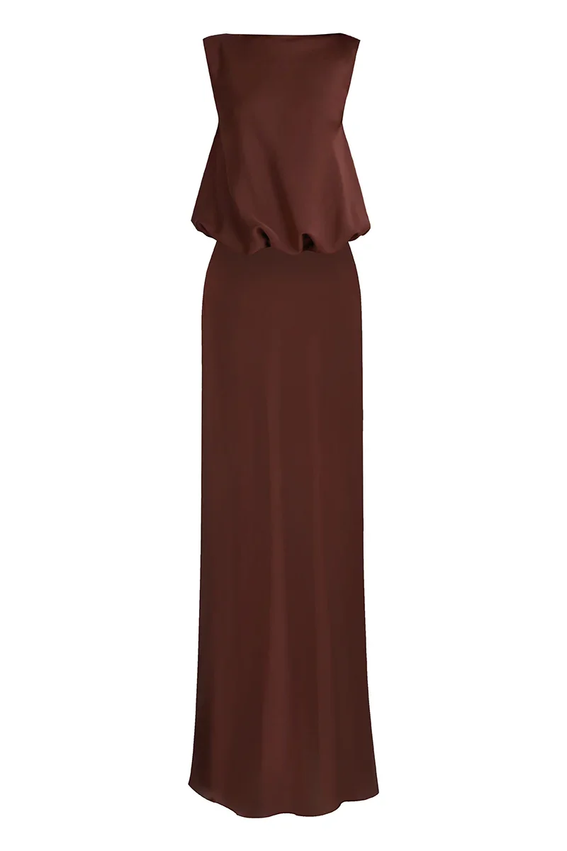 PUFFED BOATNECK MAXI GOWN IN BROWN