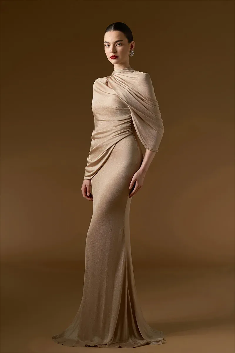 BONNIE SHIMMER JERSEY MAXI DRESS IN BEIGE - 3