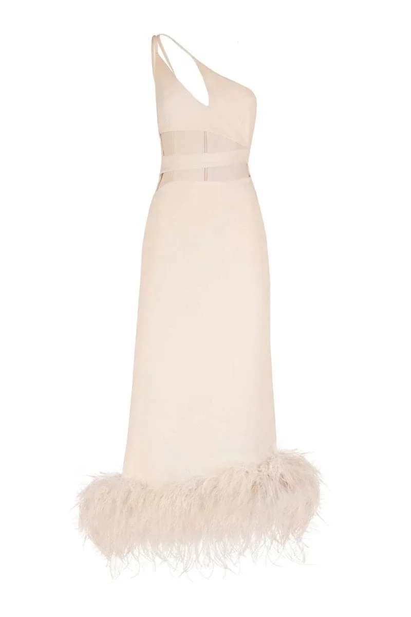 SERENA FEATHER-TRIMMED CREPE MAXI DRESS