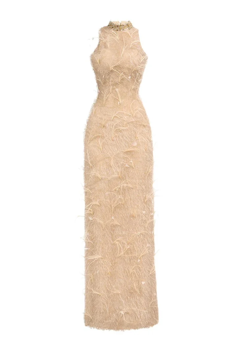 FEATHER MAXI DRESS IN BEIGE