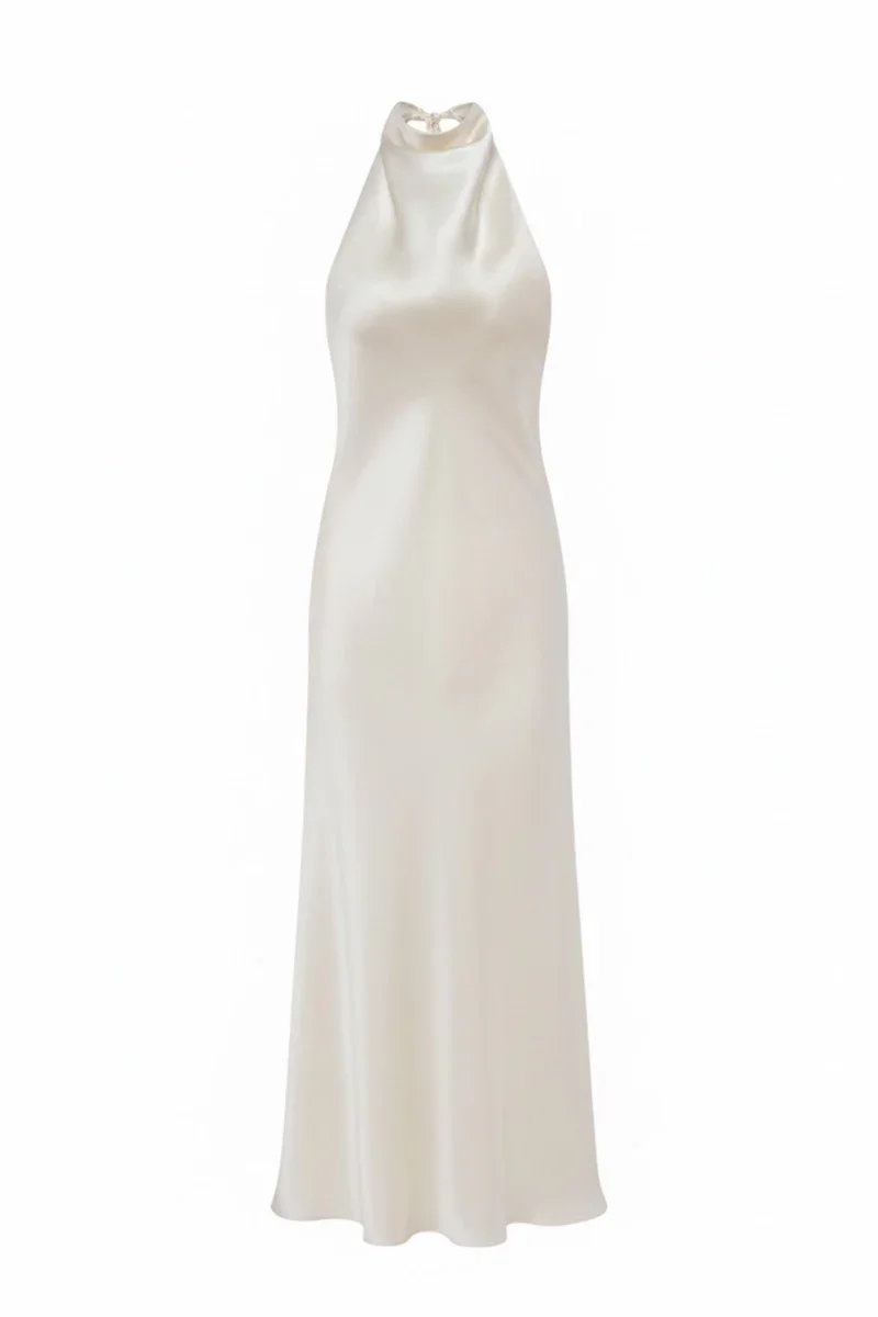 DENIZ BUTTER-CREAM HALTER-NECK SILK-SATIN MIDAXI DRESS