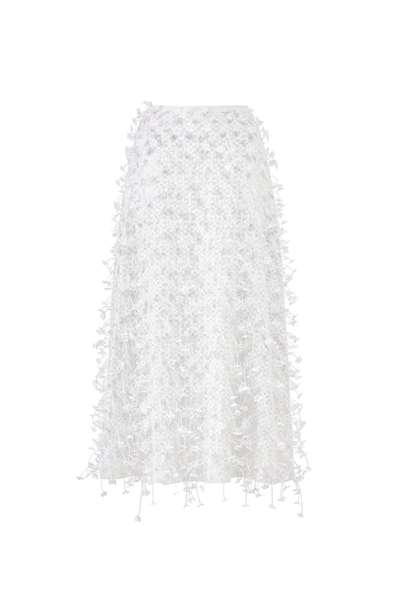 WHITE 3D FLORAL MIDI SKIRT