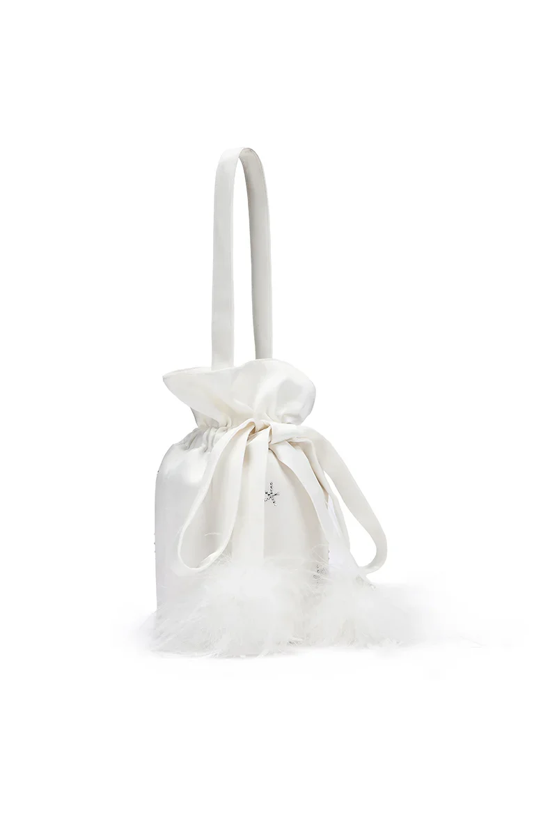 RHINESTONE AND FEATHER HANDBAG IN WHITE