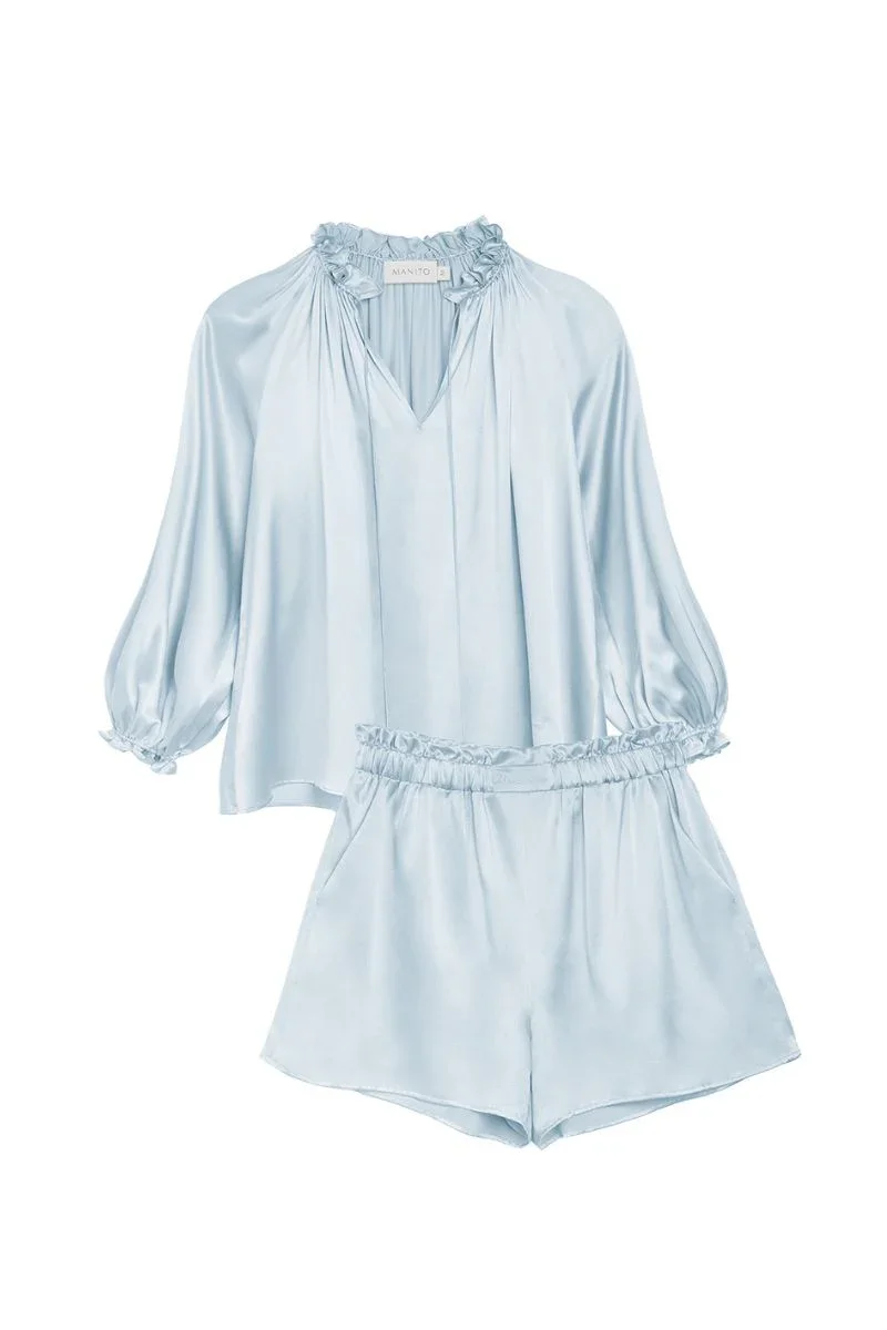 SOPHIA RUFFLE TRIM BLOUSE AND SHORTS IN BLUE