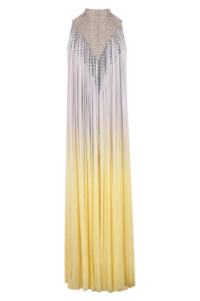 MANDARIN COLLARED CHIFFON MAXI DRESS